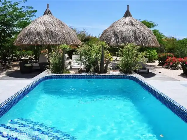 Kavel 15 coral estate rif st.marie huren in Curaçao, Banda Abou (west), Coral Estate, Rif St.Marie - villa Prvé zwembad met palapa's.Onder de palapa's vind je fijn beschutting tegen de zon. Heerlijk vertoeven in de schaduw.