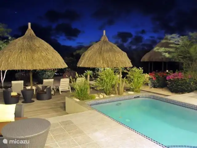 Kavel 15 coral estate rif st.marie huren in Curaçao, Banda Abou (west), Coral Estate, Rif St.Marie - villa De tuin met zwembad in het donker. In de tuin is een mooie sfeerverlichting, waar het na zonsondergang fijn vertoeve is. Wat praten en uitrusten bij een drankje en een hapje. Genietend van de rust en de wind.
