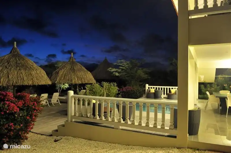 Magische Atmosphäre des Gartens bei Nacht. Der Garten ist beleuchtet, was eine schöne Atmosphäre.