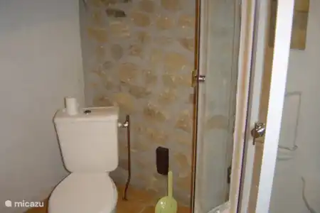 Vakantiehuis Frankrijk, Ardèche, Saint-Privat gîte / cottage Gite 'La Vue' badkamer met douchecabine, toilet en wastafel.