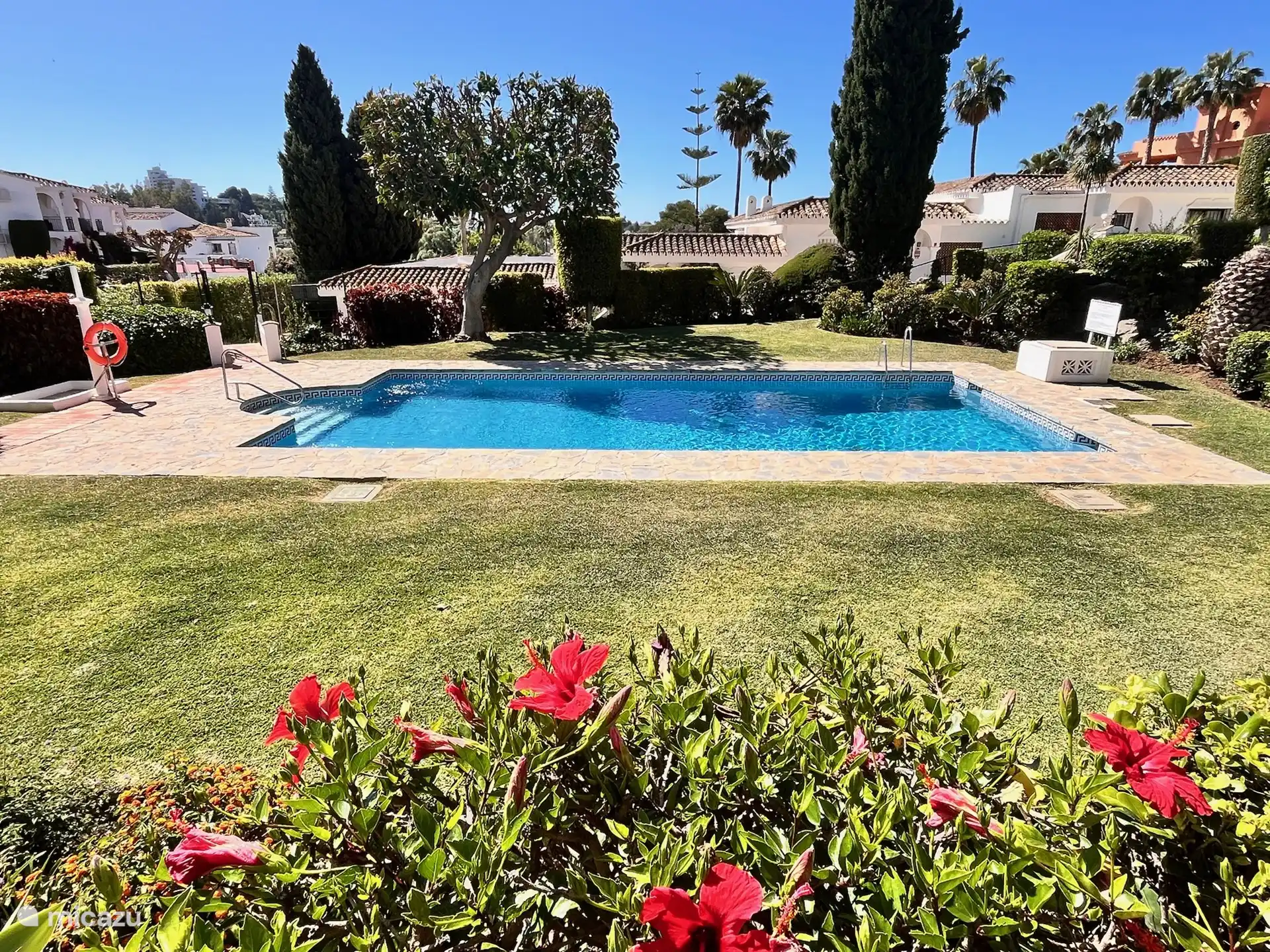 Rasenbewachsener Swimmingpool rundum zum Faulenzen und Sitzen in der Sonne (oder im Schatten)