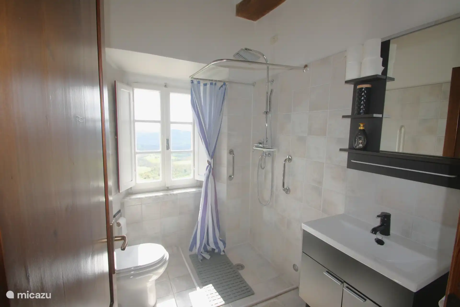 Cuarto de baño con ducha de lluvia, inodoro y lavabo