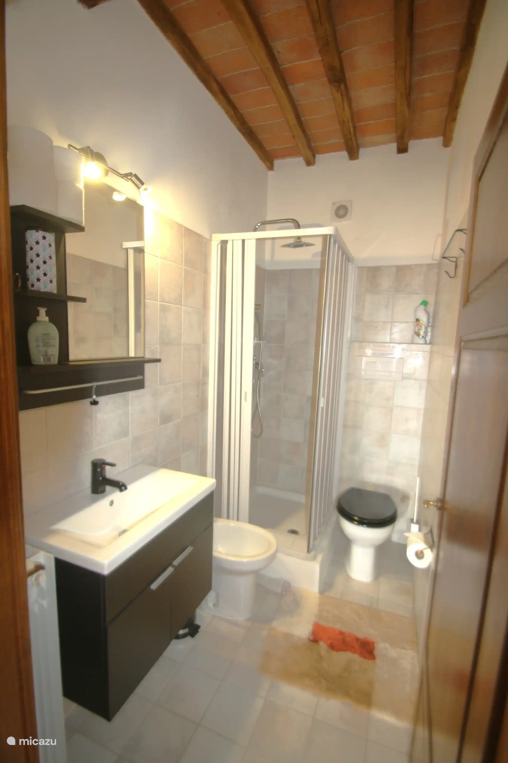 Cuarto de baño con ducha de lluvia, inodoro, bidé y lavabo