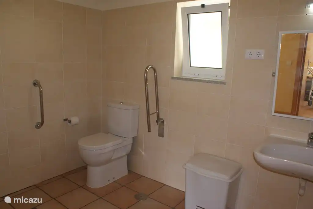 Badkamer met douche, toilet en wastafel volledig aangepast voor rolstoelgebruikers.