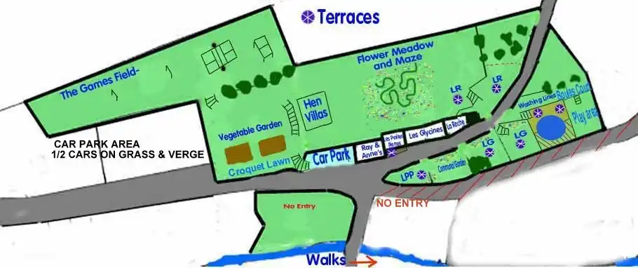 Der Lageplan von Les Glycines Gites - viel Platz sparen zu spielen und entspannen!