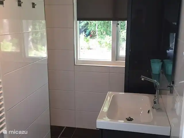 LuxeVak.bungalow 28 Twente AIRCO | Pays-Bas, Overijssel, Denekamp - maison de vacances La salle de bain avec douche à l'italienne.