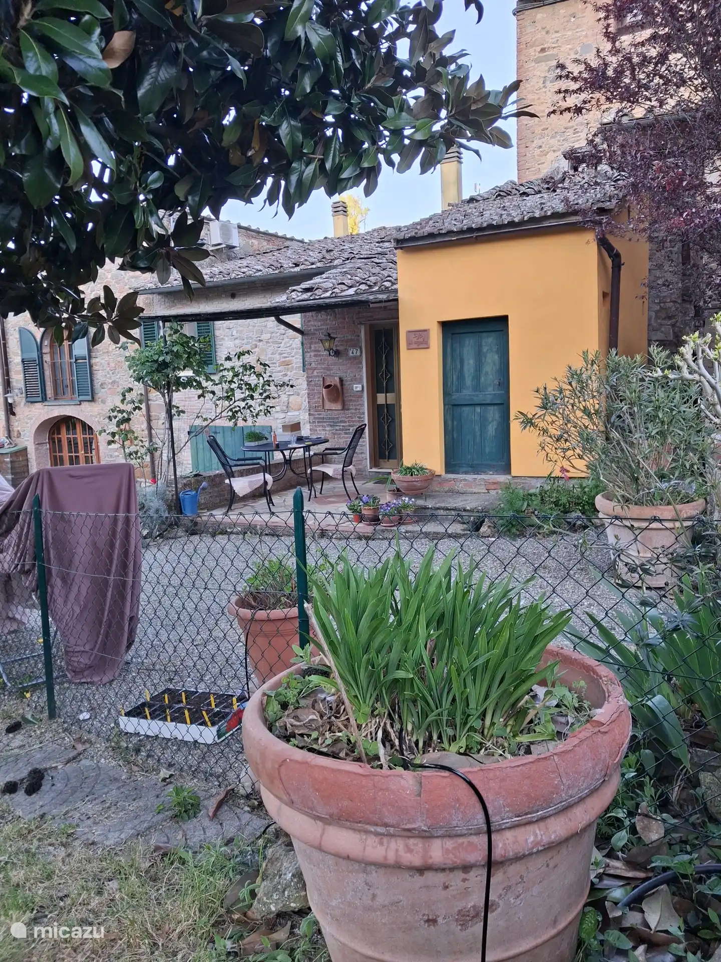Blick auf das Haus von der Bank im Garten. Der Gemeinschaftsgarten ist in zwei separate Gärten unterteilt, sodass es einen privaten Garten nur für mein Haus gibt. 