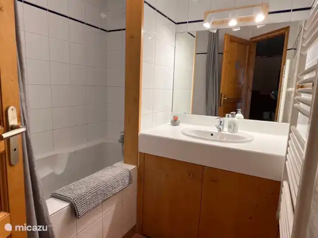 Location de Vacances France, Isère, Oz-en-Oisans, chalet - Chal'Oz 4**** Salle de bain au rez-de-chaussée avec baignoire / douche en un et lavabo