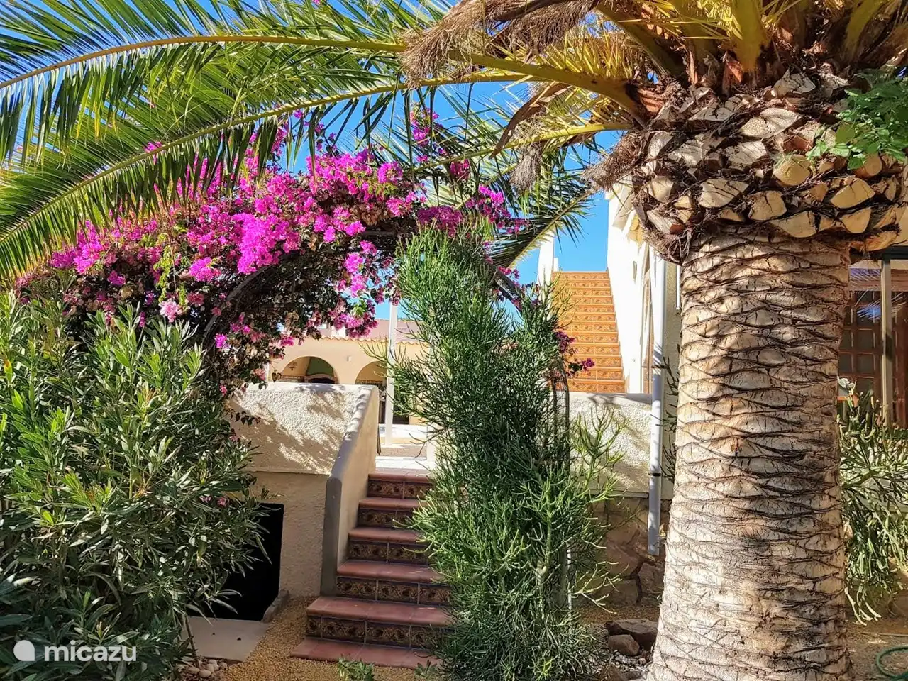 Du jardin, vous pouvez vous rendre à la piscine avec un escalier.   Celui-ci peut être fermé par un portail