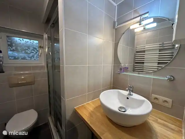 Duinhoek 70 en Bélgica, Costa Belga, De Panne - casa vacacional Cuarto de baño con ducha, lavabo e inodoro.