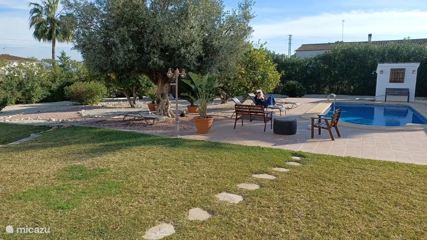 zicht van het het huis op (een deel van) de tuin