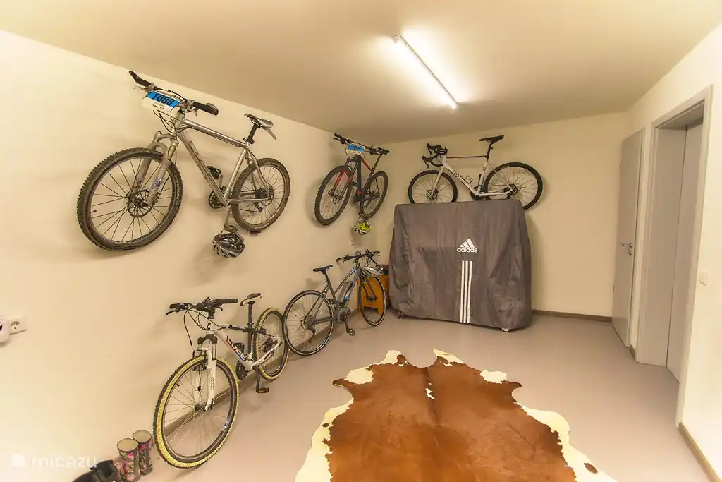 Garage pour le stockage de vos (e-)vélos. Table de ping pong.