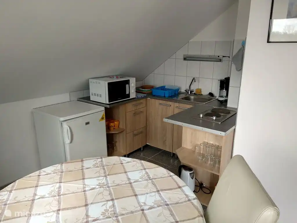 Cocina, completa con nevera, microondas, hervidor de agua, cafetera, vitrocerámica eléctrica de 2 fuegos, mento y utensilios de cocina.