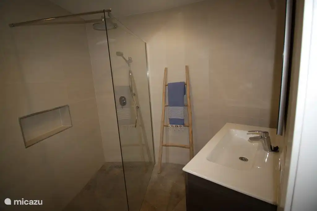 bathroom adjoining master bedroom, with walk-in shower, rain shower and separate hand shower, toilet and bathroom furniture. hair dryer available