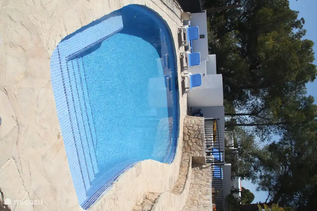 Zwembad met extra zitbankje in het water en twee terrassen. Zwembad is ook voorzien van verlichting ( in verschillende kleuren)