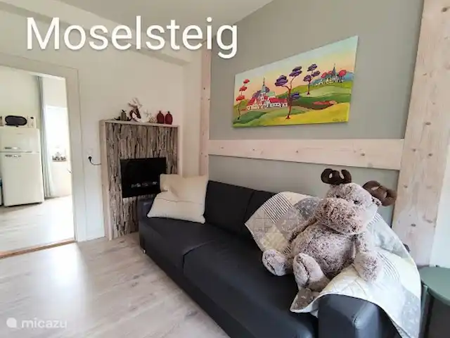 Wandelen, Duitsland, Moezel, Enkirch, appartement Moselglück - appartement Moselsteig Blik in de zitkamer/erkerkamer met sateliet tv, dvd speler en sfeerhaardje