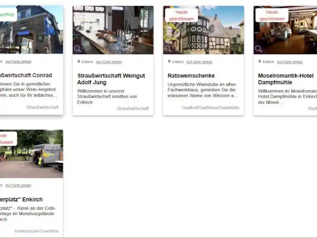 Wandelen, Duitsland, Moezel, Enkirch, appartement Moselglück - appartement Moselsteig Restaurantjes, Strauswirthschafts (Wijn en hapjes) Minigolf en Vleesautomaat. Er is ook een wijnautomaat en koelkast