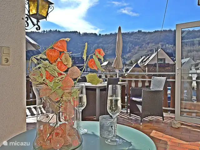Wandelen, Duitsland, Moezel, Enkirch, appartement Moselglück - appartement Moselsteig Overdekt zitje terras/balkon