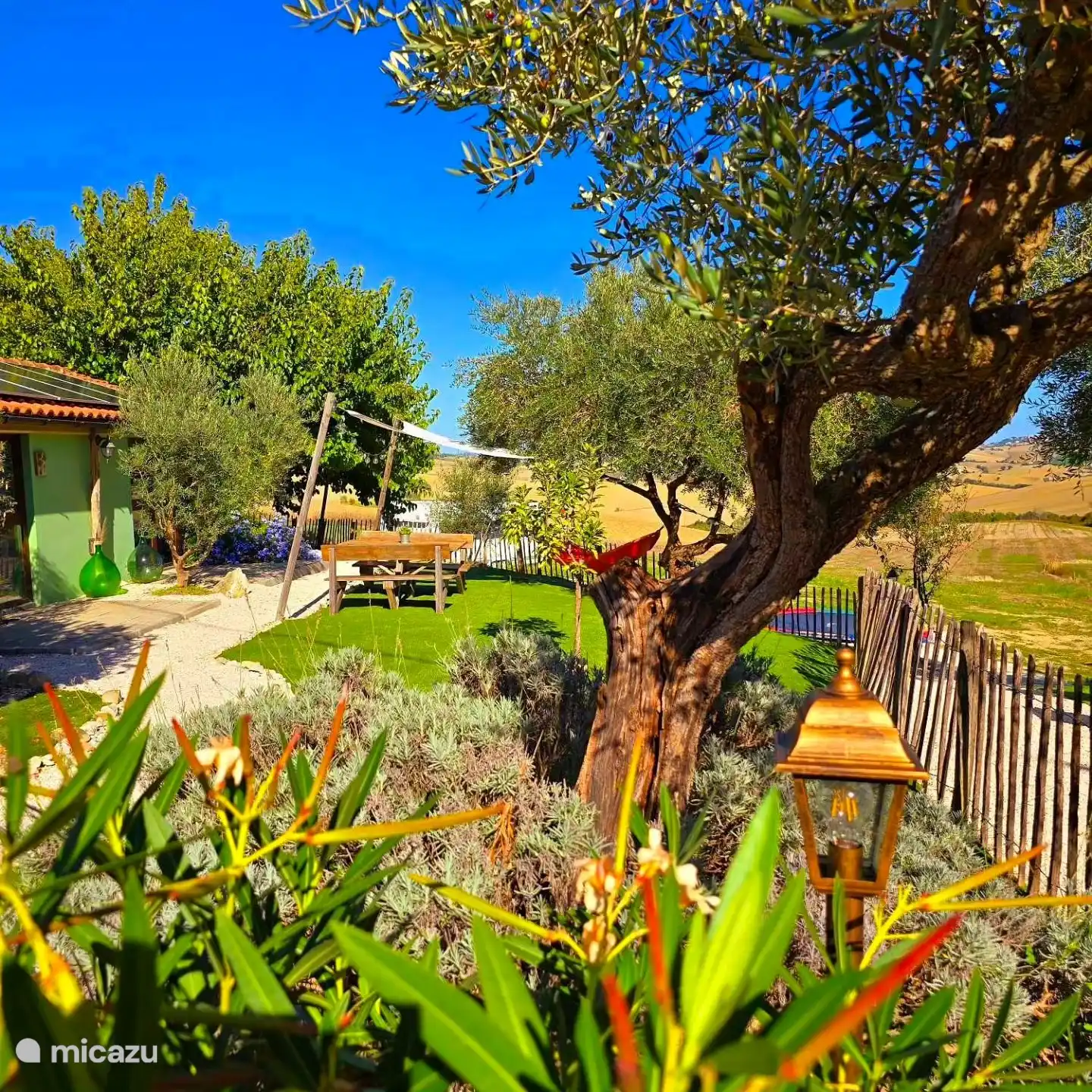 Ficos privater Garten komplett eingezäunt mit Zaun und Sitzecke für Privatsphäre