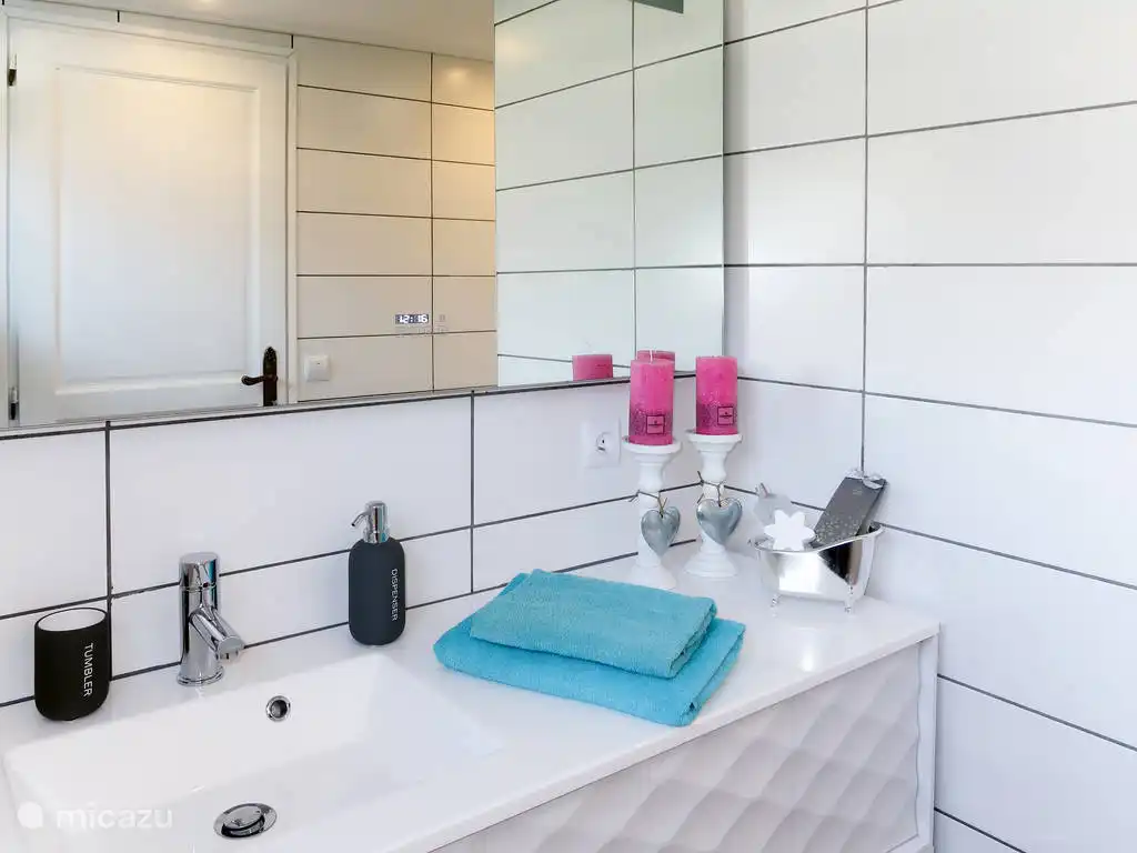 Downstairs bathroom with bath, rain shower and sink.