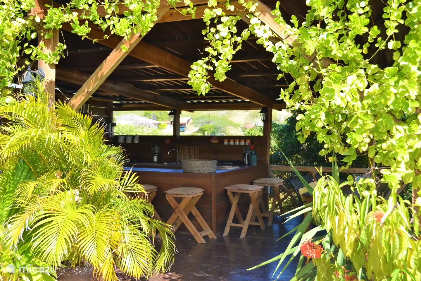 La cocina exterior, cerca del estudio, con mesa de comedor a la sombra y una pequeña biblioteca.