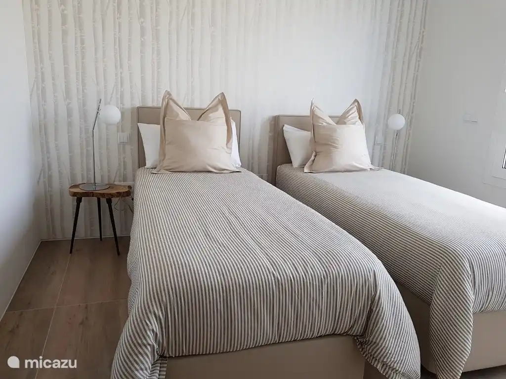 Derde slaapkamer met inbouw kasten en 2 aparte bedden.  Bedden kunnen tegen elkaar geplaatst worden.