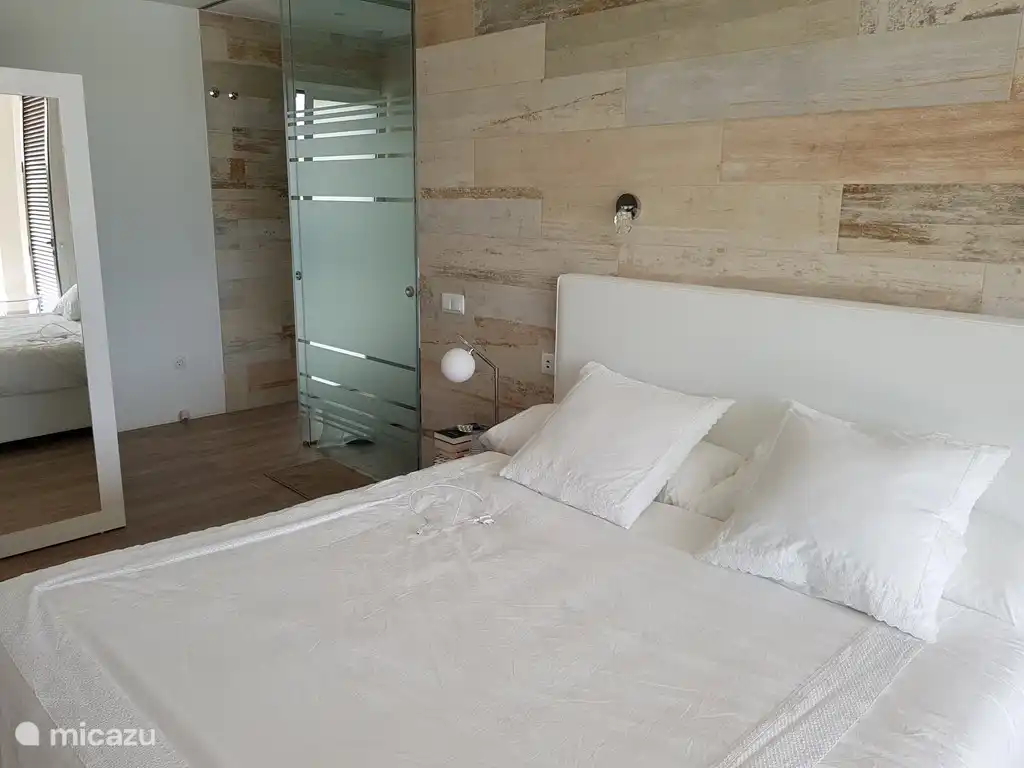 De master bedroom met persoonlijk toilet , regendouche en badkamermeubeltje.