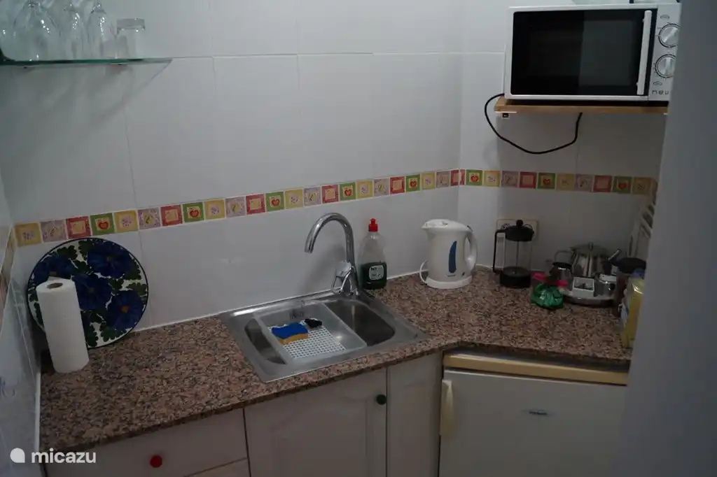 Kitchen inside with fridge, sink, microwave, kettle and 2-burner electric cooker. Pans, plates, etc. available