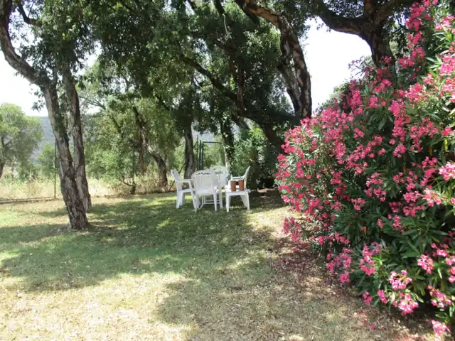 Villa Bonbonnette huren in Frankrijk, Côte d´Azur, Sainte-Maxime - villa Onder de bomen, in  het hoekje van de tuin - bij het poortje dat naar het natuurgebied toegang geeft - een prettig verstild zitplekje.