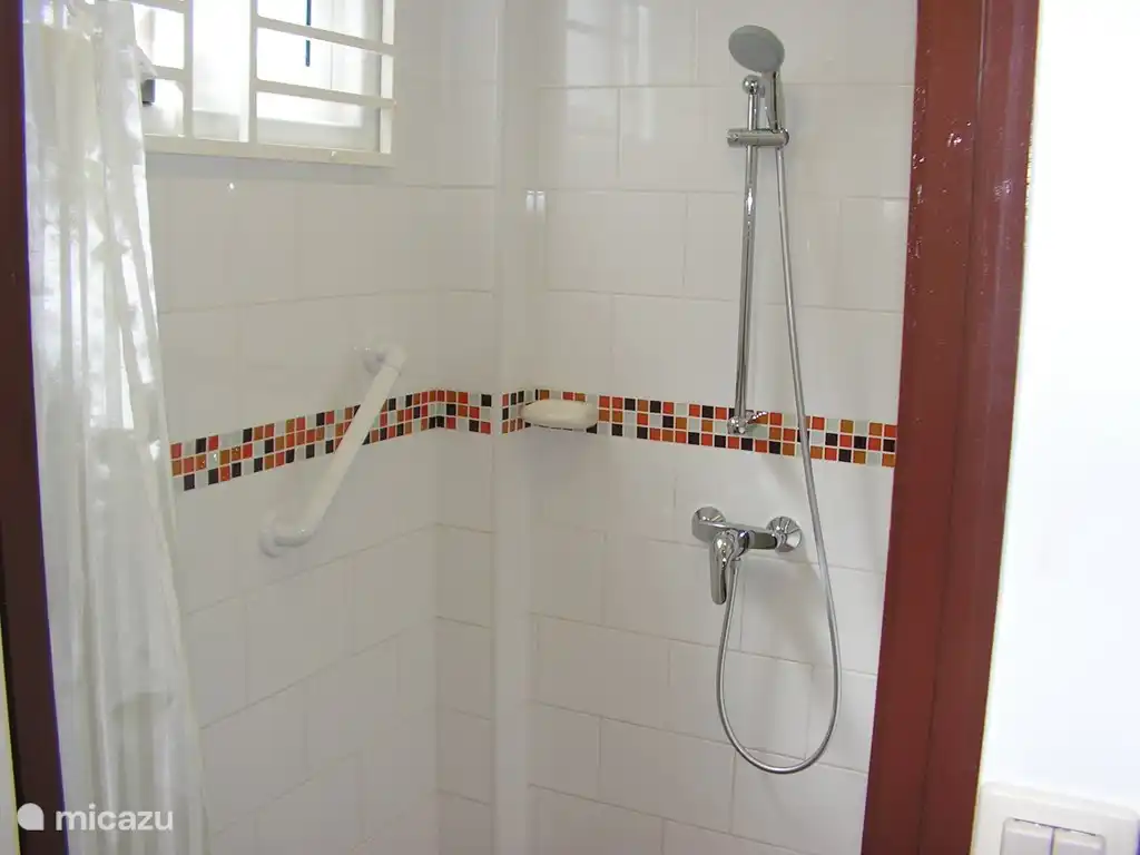 Cuarto de baño con ventana. Grifo monomando Grohe para duchas de agua fría/caliente. Cortina de ducha, tirador, jabonera y repisa