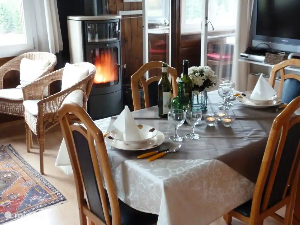 cosiness and warmth with a stove. there is wood in the cabin outside.