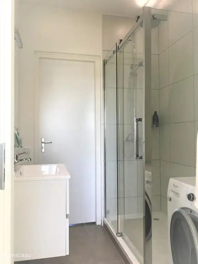 Resumen cuarto de baño con muebles, ducha y lavadora.