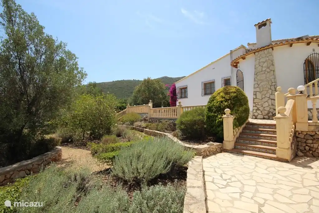 Seitengarten mit mediterranen Pflanzen, einem Springbrunnen, Olivenbäumen, Yuccas und Lampenschirmen.