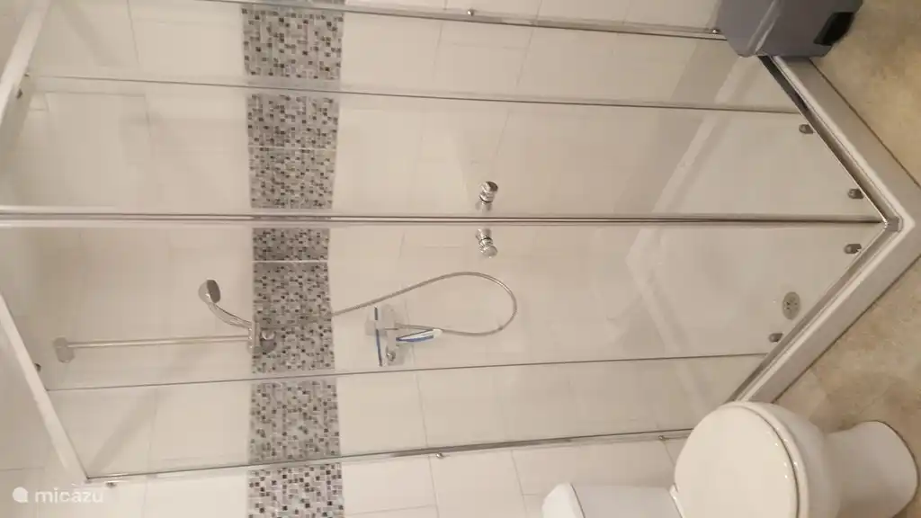 La salle de bain du bas avec douche, WC et lavabo.