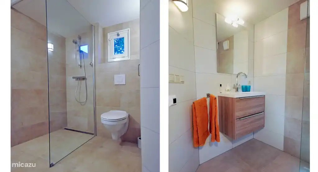 Das geräumige Badezimmer verfügt über eine begehbare Dusche, Waschbecken und Toilette