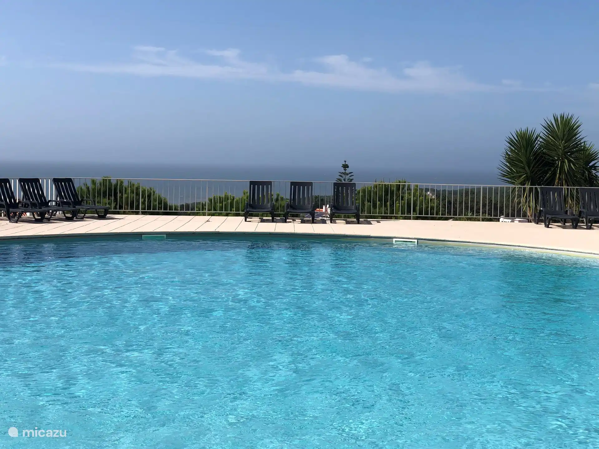 Grande piscine (partagée) avec transats. 