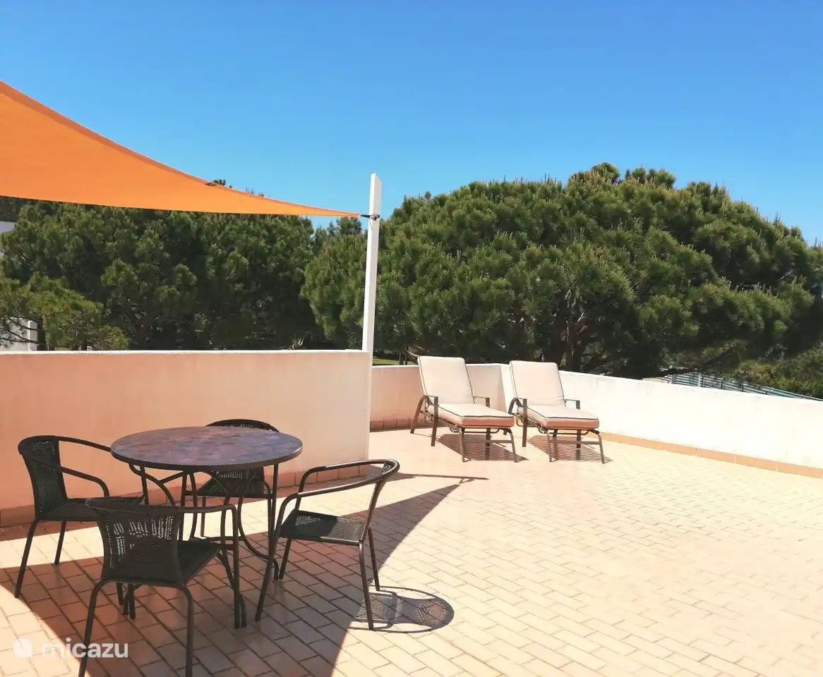 Des transats confortables et aussi la possibilité de s'asseoir à l'ombre sous la bâche.