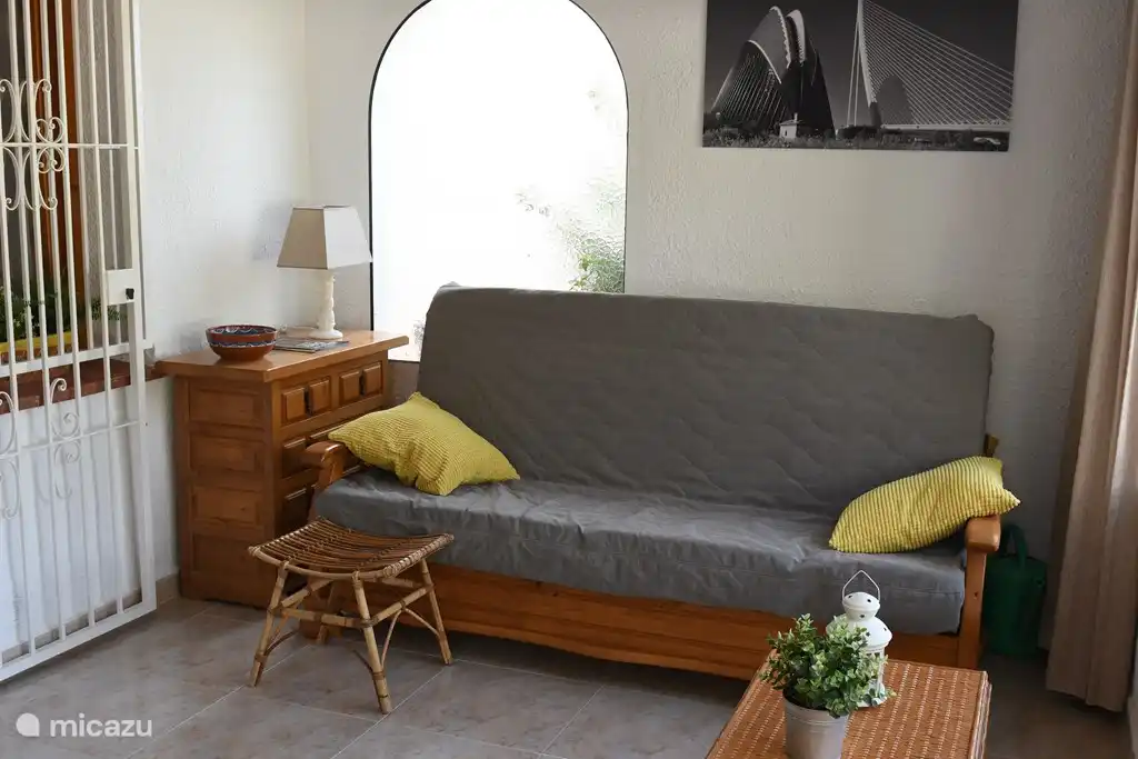 Couch in the closed naya overlooking the Mediterranean Sea.