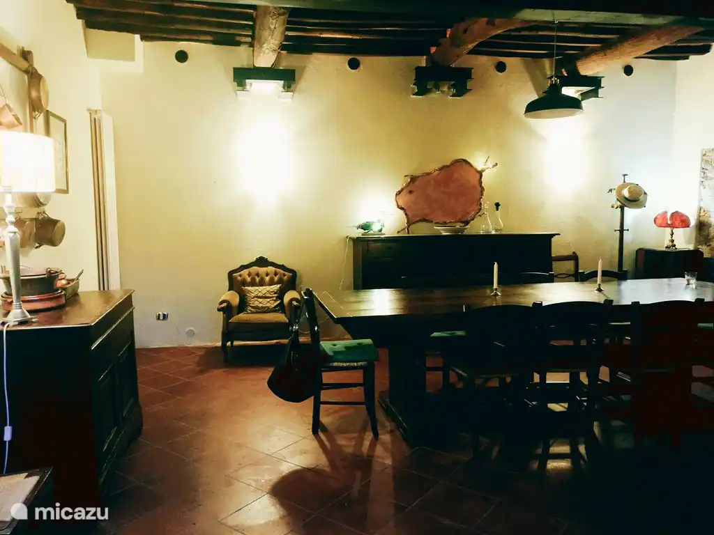 The dining room in the evening.