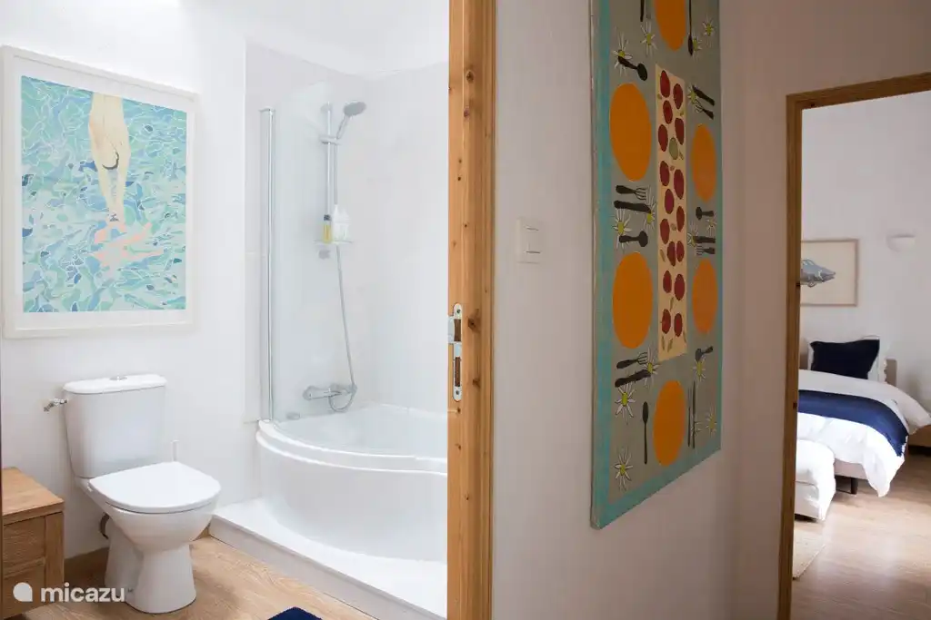 Badkamer met ligbad ,toilet en douche is gelegen tussen de slaapkamer en de living.