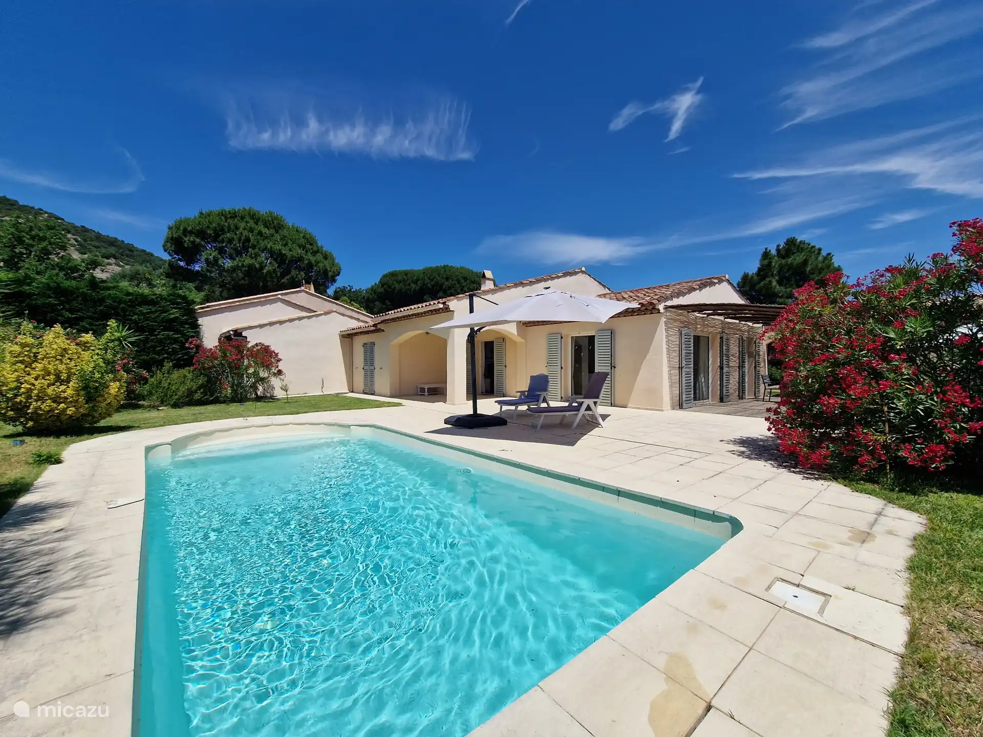 Piscine avec transats et coussins