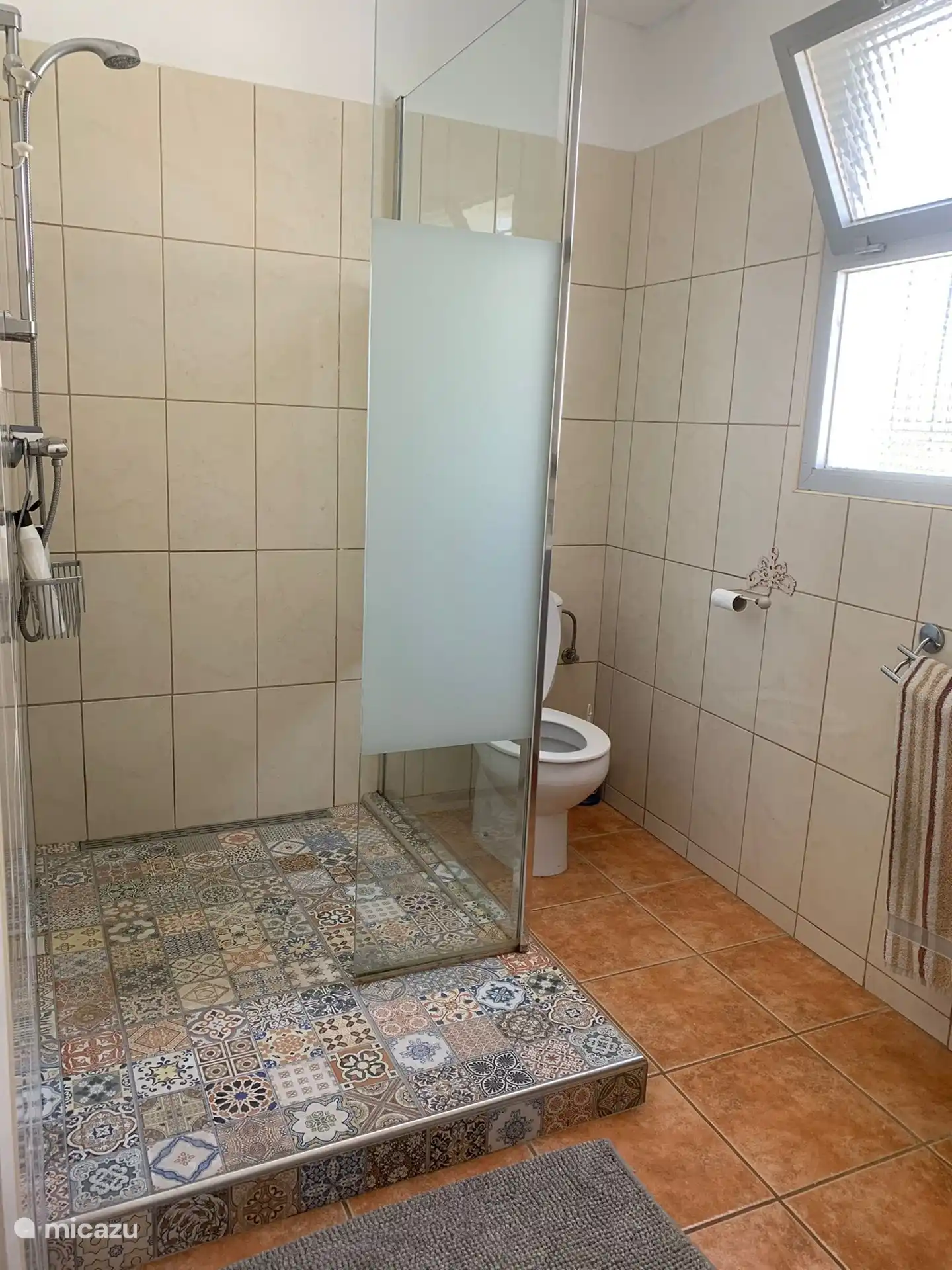 Amplio cuarto de ba&#241;o con ducha, inodoro y lavabo