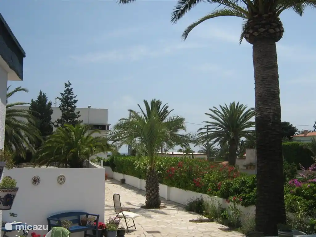 El jard&#237;n visto desde la terraza frente a la casa, al final tambi&#233;n se puede ver la puerta de entrada
