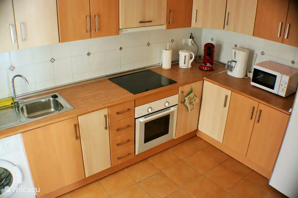 Cuisine spacieuse avec lave-linge, réfrigérateur/congélateur, micro-ondes, plaque vitrocéramique, hotte aspirante, four, bouilloire, cafetière, Senseo, ...