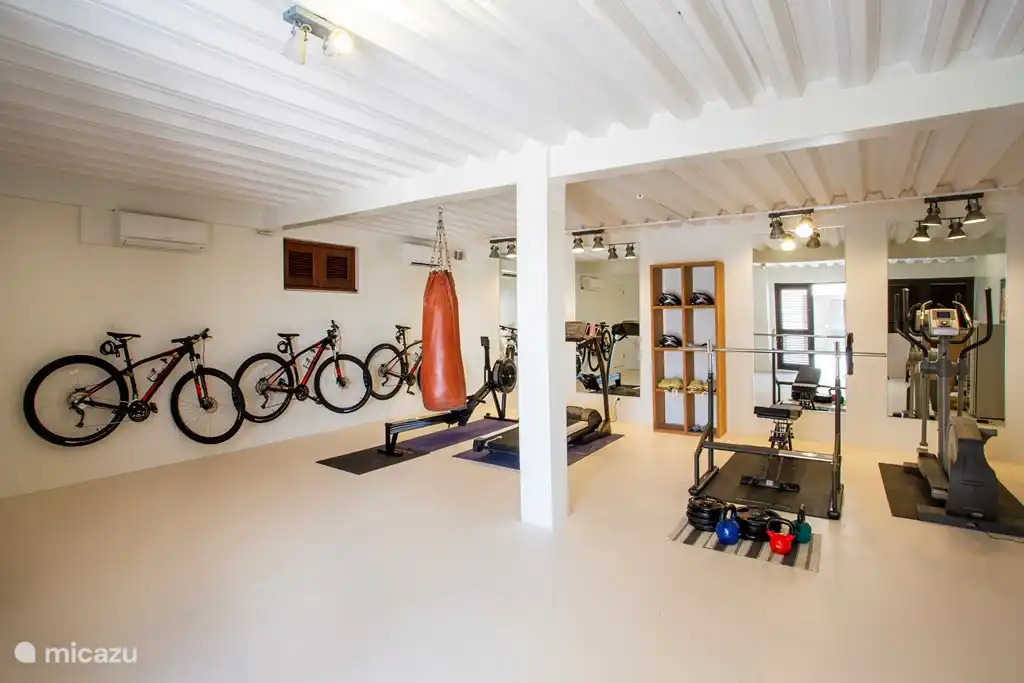Fitnessraum mit Rudergerät, Laufband, Druckbank, Boxsack und Mountainbikes.