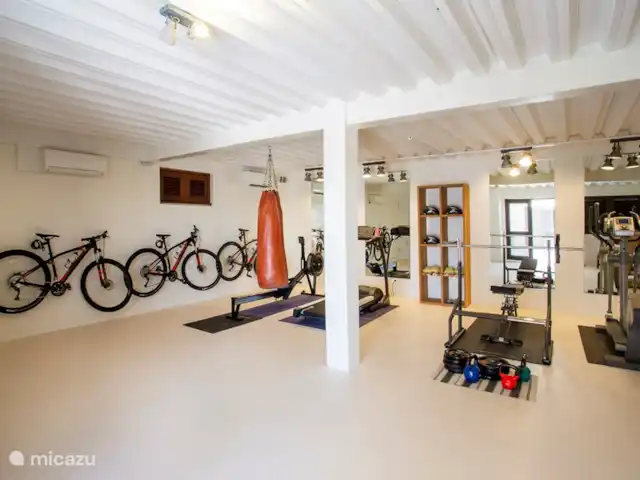 Villa Gran Vista | Curaçao, Banda Abou (ouest), Coral Estate, Rif St.Marie - villa Salle de fitness avec rameur, tapis de course, développé couché, sac de frappe et VTT.
