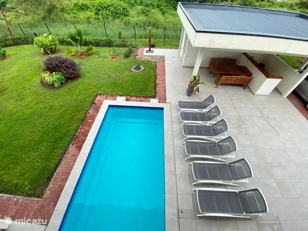 top view outdoor kitchen and swimming pool