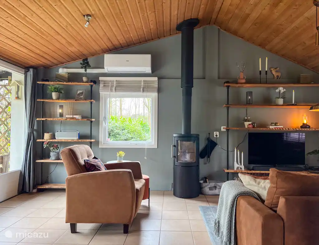 Living room with wood stove and air conditioning