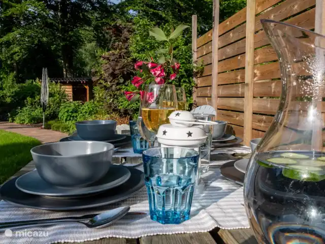 Huisje 78 in Drenthe huren in Nederland, Drenthe, Exloo - bungalow Heerlijk ontbijten, luchen of dineren op de vlonder in de tuin en nog lang genieten van het zonnetje.