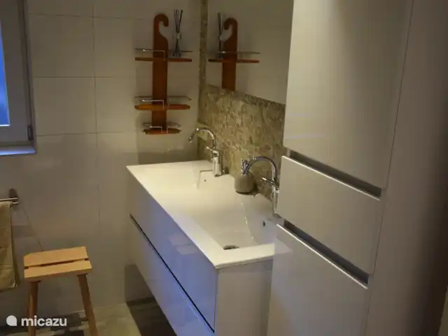 Casa de vacaciones Pura Vida en Países Bajos, Overijssel, Holten - casa vacacional Doble lavabo en el baño.